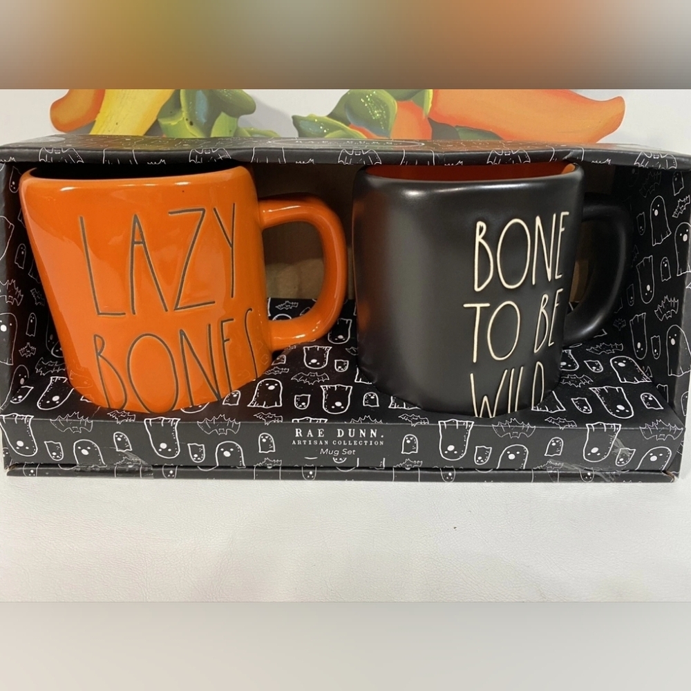 Rae Dunn Halloween Mug Set Lazy Bones and Bone to Be Wild Orange and Black